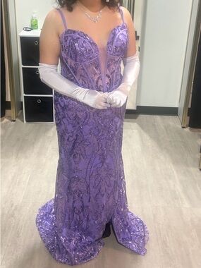 Occasions Lavender Sequined Evening Gown with matching necklace and earrings